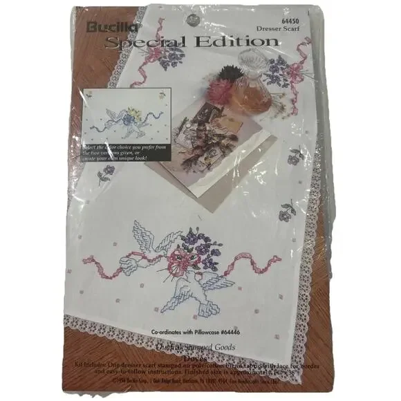 Vtg Bucilla Stamped Cross stitch Kit 64450 Dresser Scarf Doily Runner Doves‎ NWT
