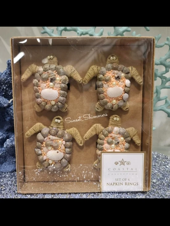 ×4 Coastal Collection Beaded Sea Turtle Seashell Jute Napkin Ring Set NEW