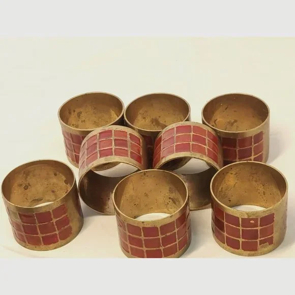 Pier 1 Vintage Brass with Red Enamel Napkin Rings Holder set of 8