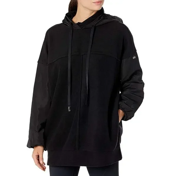 Alo Yoga Mixed Media Pullover Black Oversized Relaxed Hoodie Gym Travel Size S