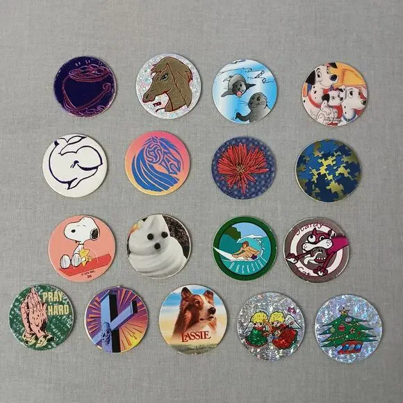 Set of 17 G-rated POGS + tube holder case VTG 90s cartoon animals religion