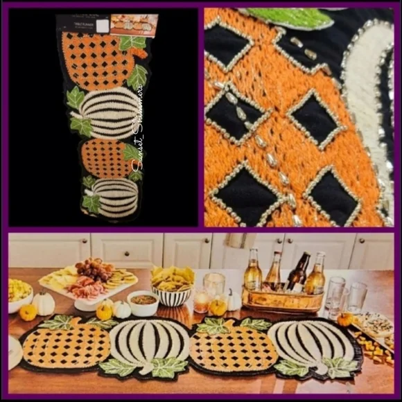 Rachel ZOE Mackenzie Style HARLAQUIN PUMPKIN Beaded HALLOWEEN Table Runner New