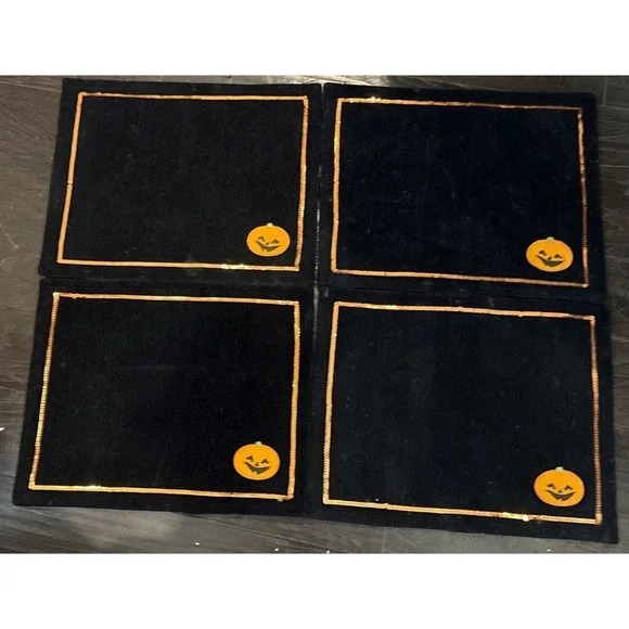 Halloween Black Velvet Orange Sequins Placemats Pumpkins‎ Set Of 4