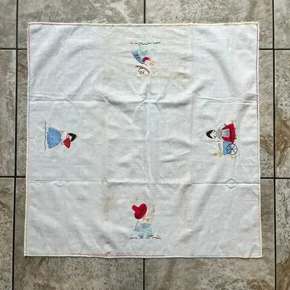 Vintage Mexican Embroidered Tablecloth Folk Art Linen 1940s Colorful Figures