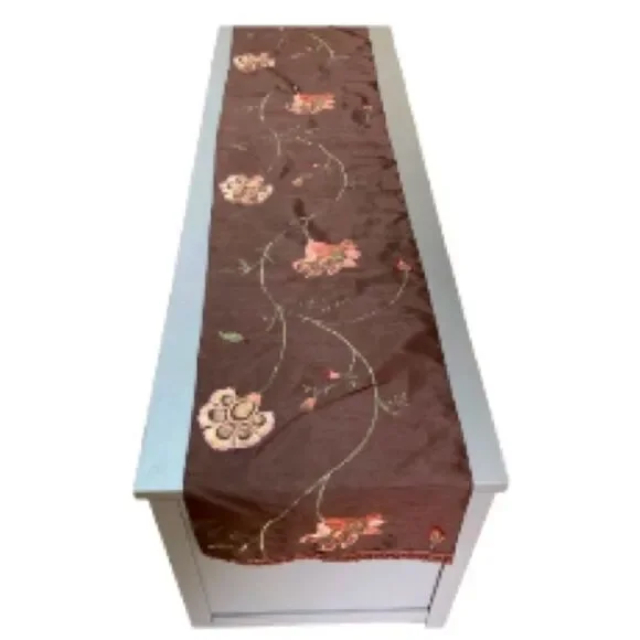 Satin Embroidered Table Runner Rich Dark Brown Flower and Leaves 72 x 14 inches