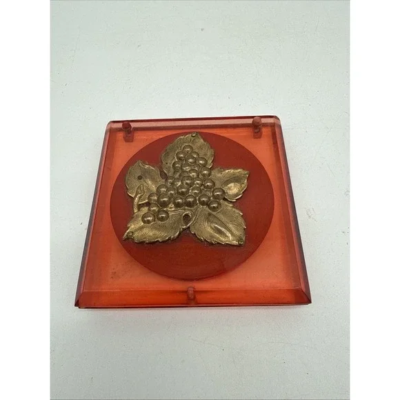 Vintage Red Lucite Square Compact Powder Box With Naples Grape Leaf Design