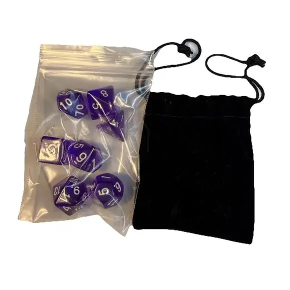 New 7 Piece Polyhedral translucent Purple W/ White Number Dice Set & Bag /  D&D