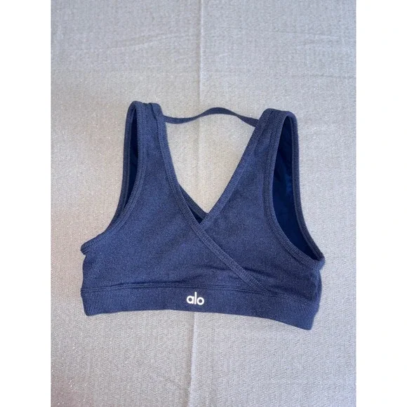 Alo Yoga togetherness Surplice Ribbed Sports Bra Small Blue Wrap Front Racerback