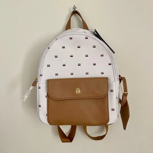 Tommy Hilfiger White and Tan Backpack with Minimalist Design