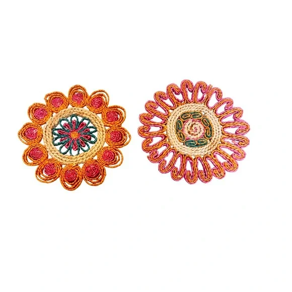 Vintage Woven Raffia Trivets Set of 2 Boho Floral Sunburst Hot Pads Pink Orange