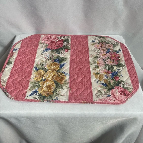 Set of 10 Quilted Floral Placemats Pink Rose Stripe Reversible Cottagecore