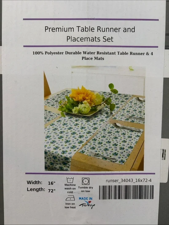 Premium Table Runner and Placemats Set - Floral Blue/Green NIP  16”x 72”