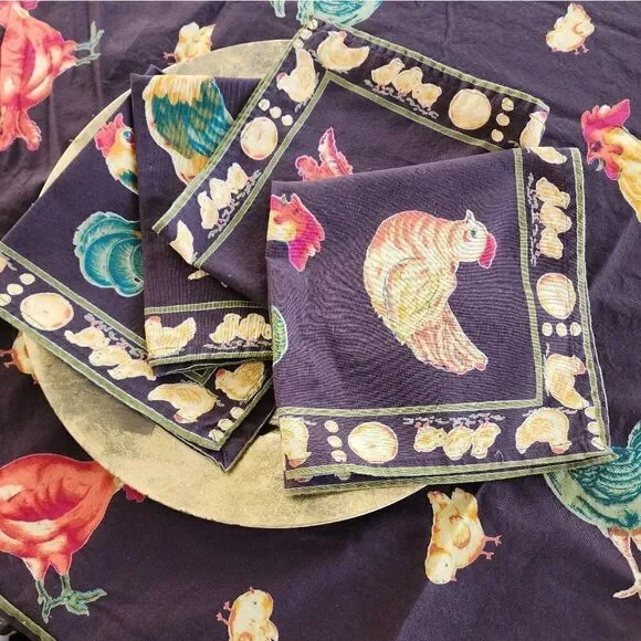 April Cornell Farm House Chicken & Rooster Tablecloth Napkins Chocolate Brown
