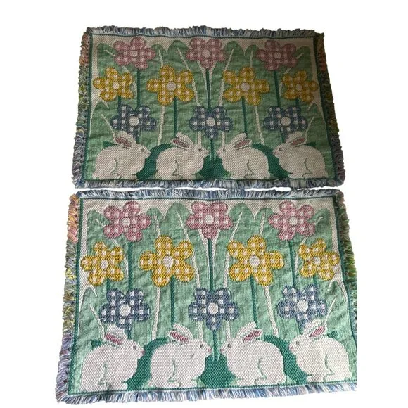 Park B Smith 6 Multicolored Woven Bunny & Flower Pattern Cotton Placemats Easter