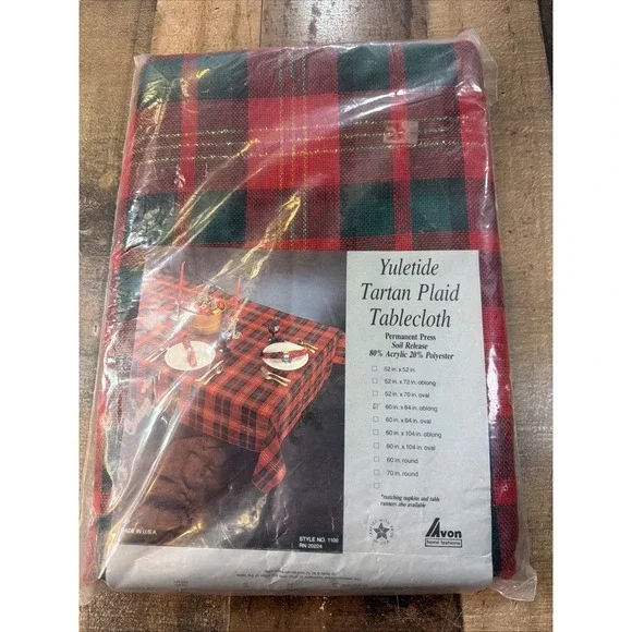 VTG Avon Yuletide Tartan Plaid Christmas Tablecloth 60x84 Oblong Holiday NOS NIP