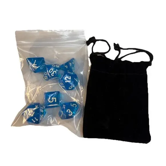New 7 Piece Polyhedral translucent Blue W/ White Number Dice Set & Bag /  D&D