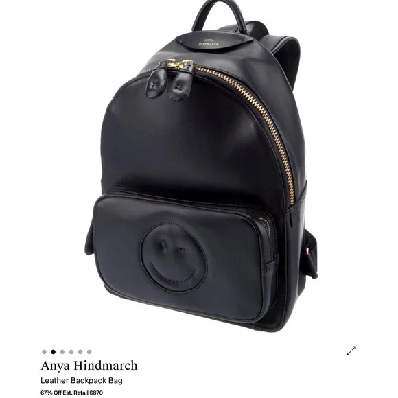 Anya Hindmarch Wink Smiley Face Navy Blue Leather Backpack Gold Hardware