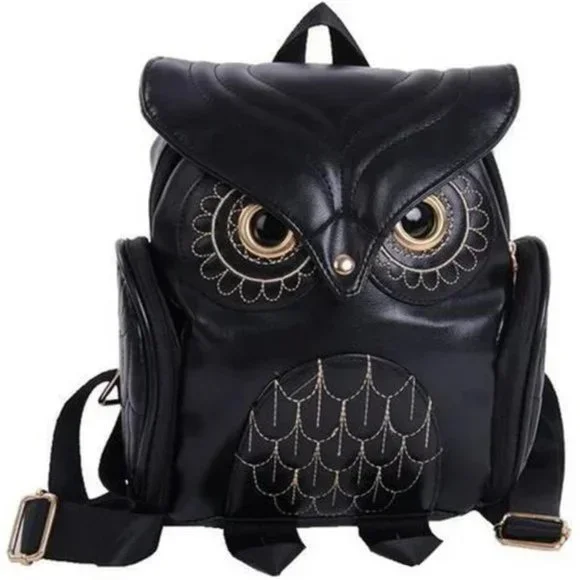 CUTE Black Owl Vegan Leather Backpack Punk Purse Shoulder Bag Daypack New NWT