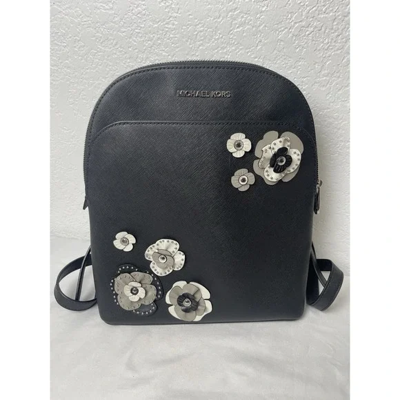 Michael Kors Emmy Dome.Women's Medium Black Backpack w/Flowers Silver Hardware