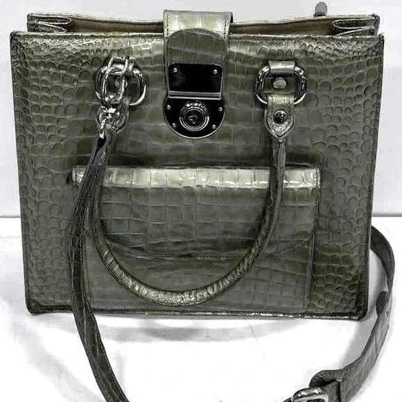 NEW Francesco Rogani Roma Crocodile Embossed Leather Sage Green Metallic Bag‎