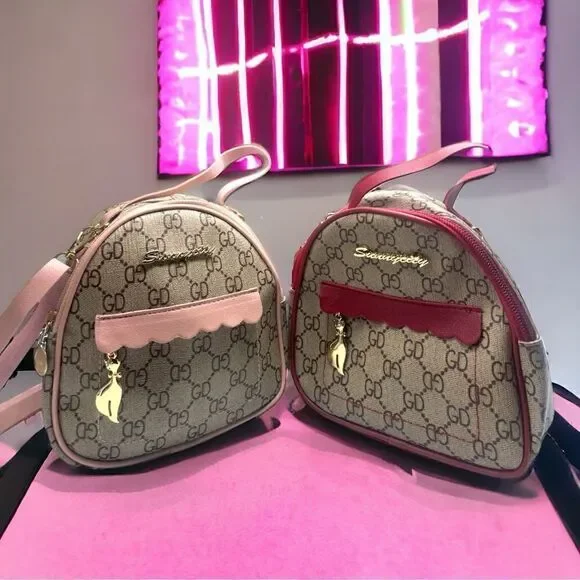 Cute mini backpack l PU Leather l Pink/Red Accent l Gold Kitty Hardware l New