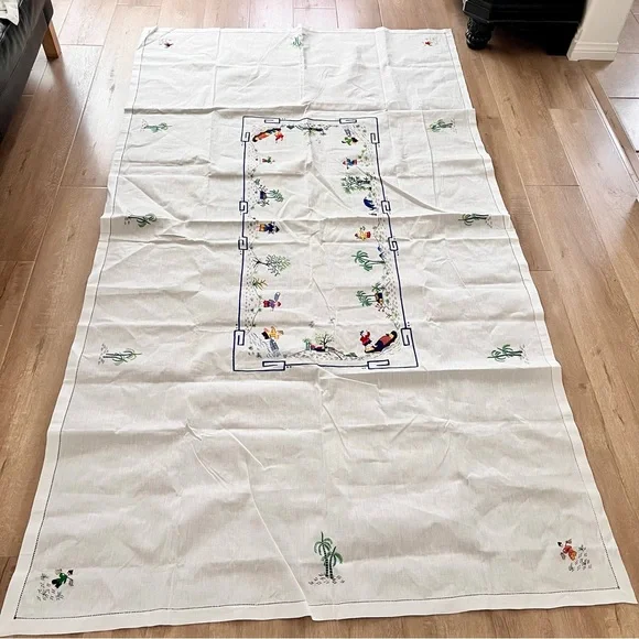 Antique Oriental Country‎ Lifestyle Hand Embroidered Tablecloth 95” X 53” Mint