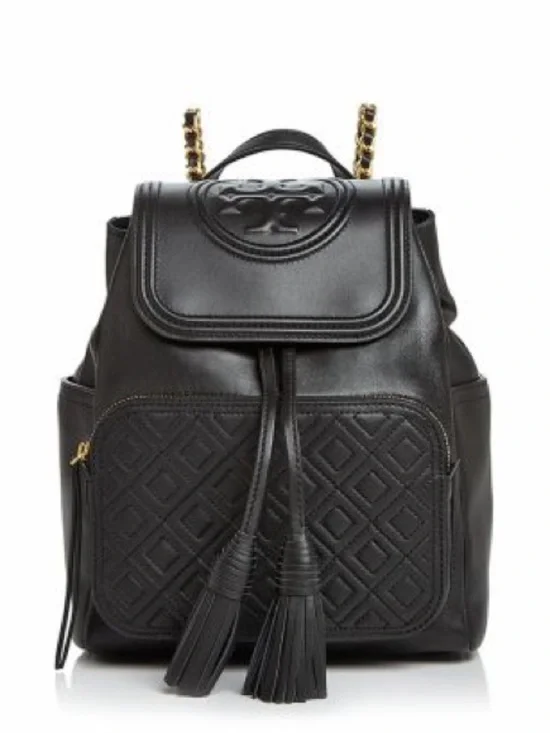 Tory Burch Black Leather Quilted Front Backpack with Tassels