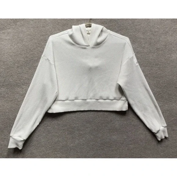 Alo Yoga Size S Muse Hoodie Beige Bone Cropped Ribbed Knit Stretch Workout Gym