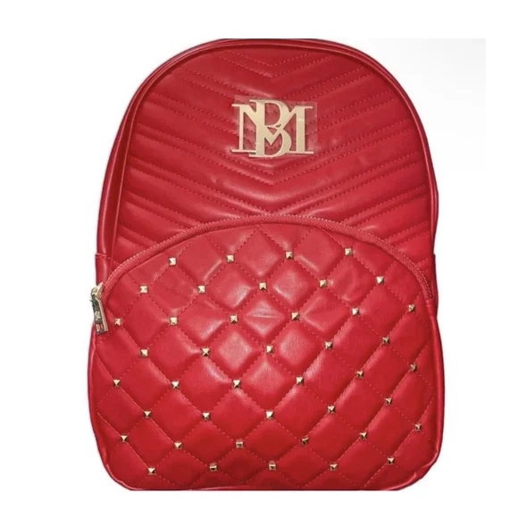 Badgley Mischka Red Vegan Leather Backpack Gold Studded Diamond Quilted NWT
