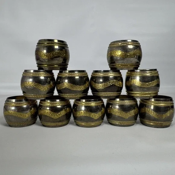 Vtg Napkin Rings Brass Silver Plated Embossed Florals Lot‎ Of 11