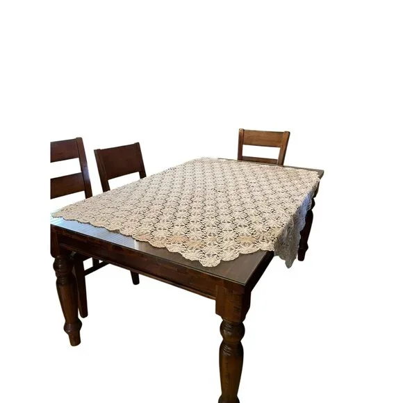 Vintage Handmade Crochet Tablecloth Used Cream Tan