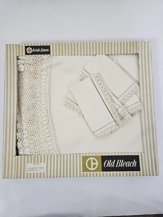Old Bleach Irish Linen Tablecloth Set in Off-White with Crochet Trim