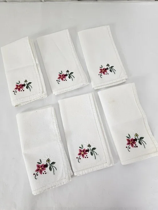 Vintage Embroidered White Linen Napkins with Pink Floral Motif - Set of 6