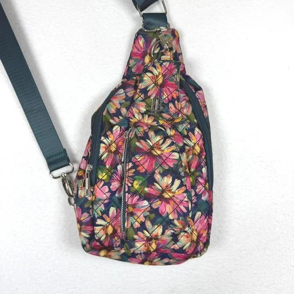 Bella Taylor Floral Quilted Sling Bag Crossbody Backpack Navy Pink Daisy