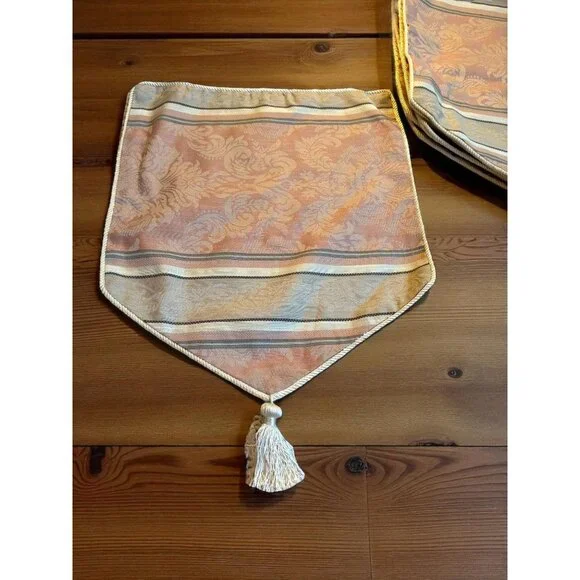 8 Damask Stripe Braided and Tassel Reversible Placemats Taupe / Tan Pink/ Salmon