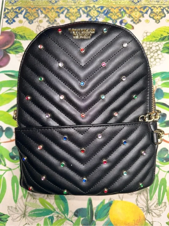 Victoria's Secret Black Quilted Backpack with Multicolored Studs