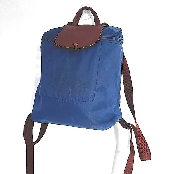 Longchamp Blue Brown Nylon Leather Mini Backpack - AS IS