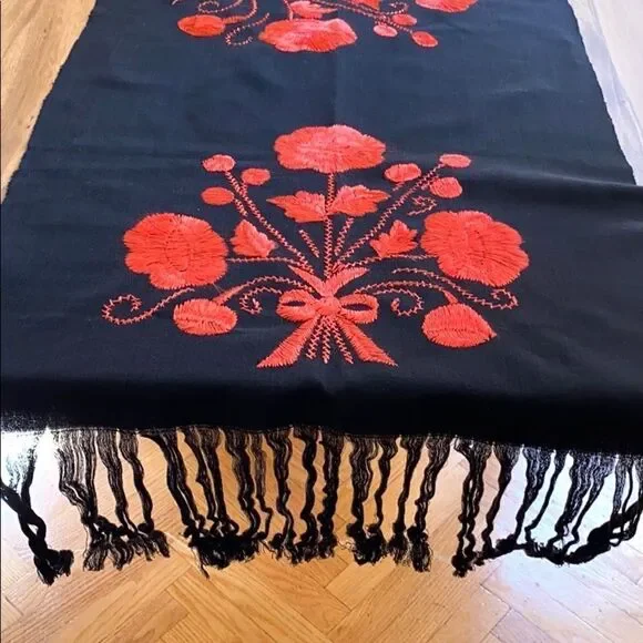 Vintage Black Floral Embroidered Table Runner