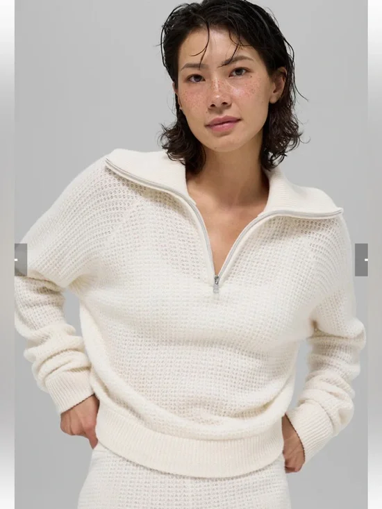 ALO Yoga Cream Half‑Zip Waffle Knit Turtleneck Sweater