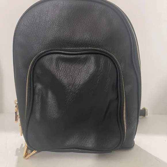 INC International Concepts Black Leather Backpack with Gold Zippers