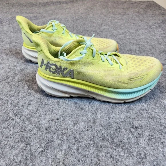 Hoka One Clifton 10‎ Shoes Mens Size 10D Green Neon Trail Road Running Sneakers