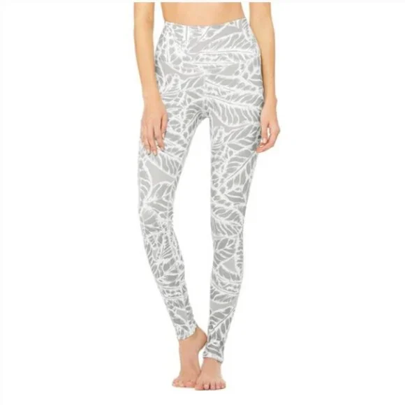 ALO YOGA High Waist Airbrush Leggings 7/8‎ Palm Leaf Print Grey S Athletic Pants