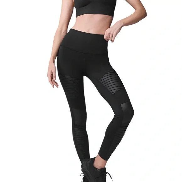 ALO Moto Yoga Black High-Waist Leggings Mesh Accents M