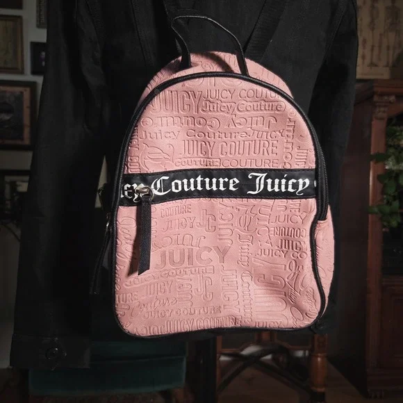 Juicy Couture Pink Embossed Logo Mini Backpack Black Trim Gothic Logo Band