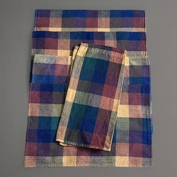 90s Country Farmhouse Cotton Plaid 4 Placemats and 1 Napkin Gold Green Blue