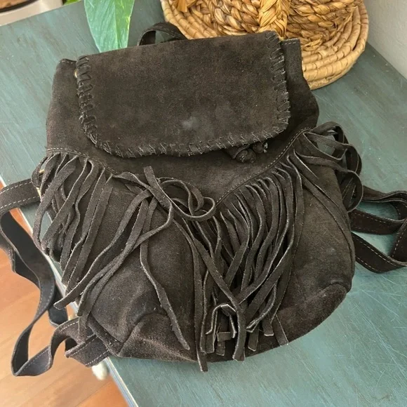 Suede festival Backpack/purse bag in dark brown with fringe