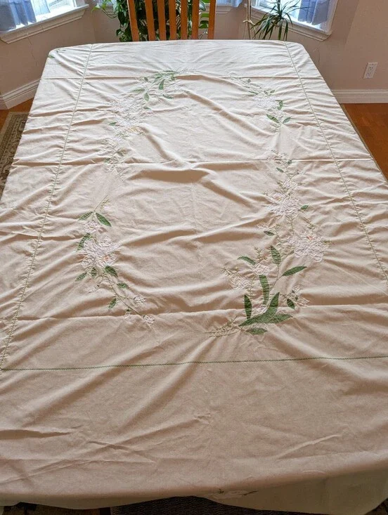 Vintage Cream Embroidered Dining Tablecloth with Green Floral Accents 83”x66.5”