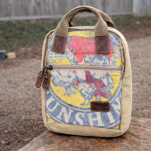 Selina Vaughan Studios Canvas Mini Backpack Crossbody Rooster Print Tan Boho