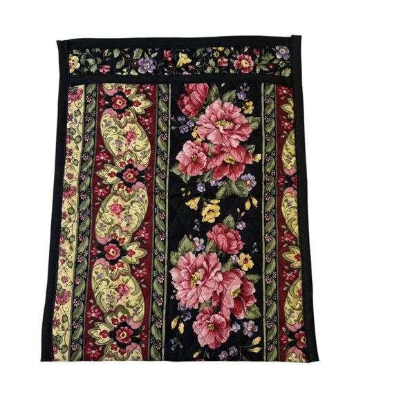 Floral Quilted Pouch Pocket Organizer Black Pink‎ Yellow Burgundy Vintage Accent