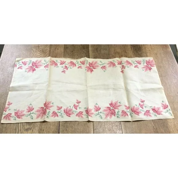 Vintage Table Runner Dresser Scarf Pink Leaves Border Rectangle